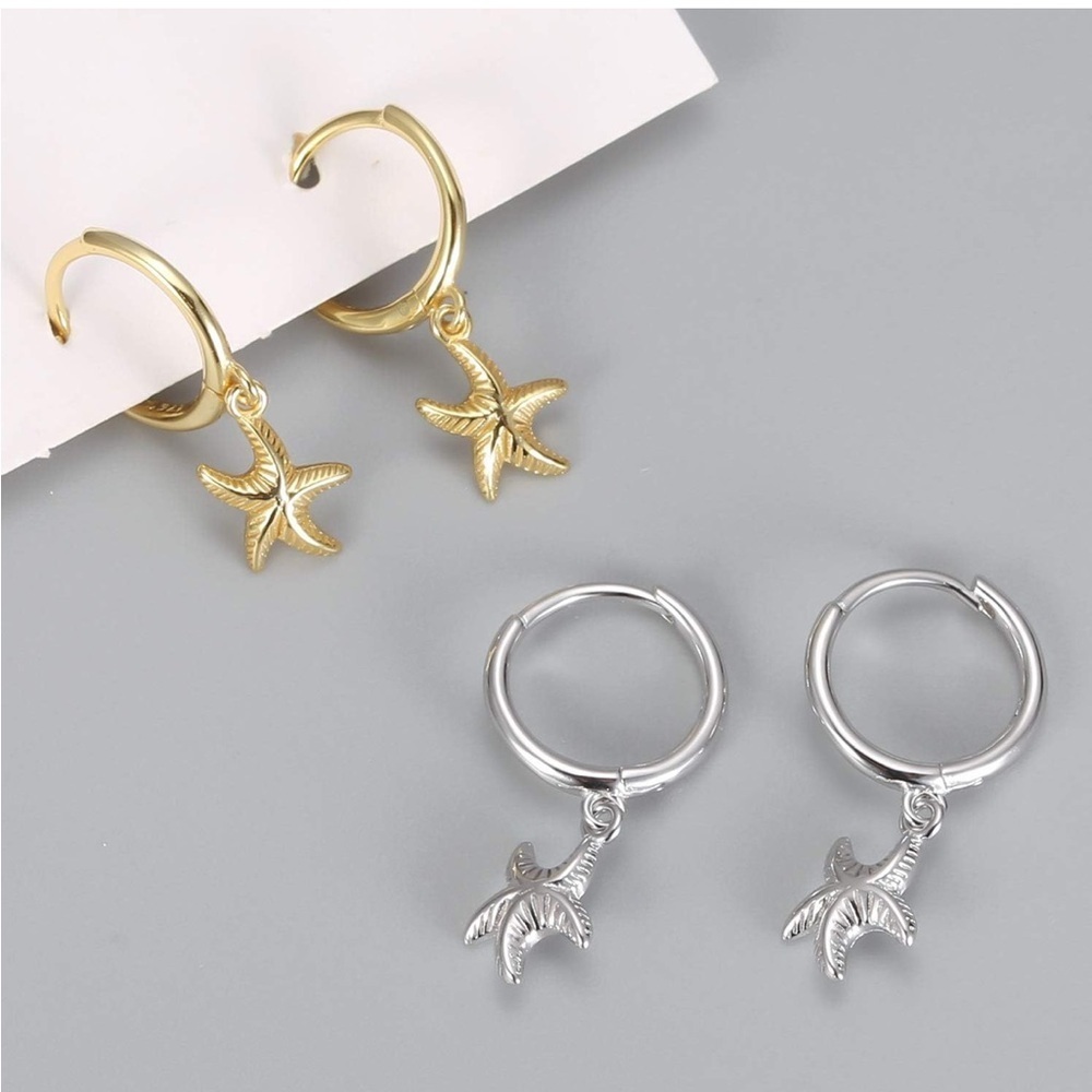 Exquisite 18K Gold Vermeil 925 Sterling Silver Starfish Hoop Earrings - Picture 4 of 8